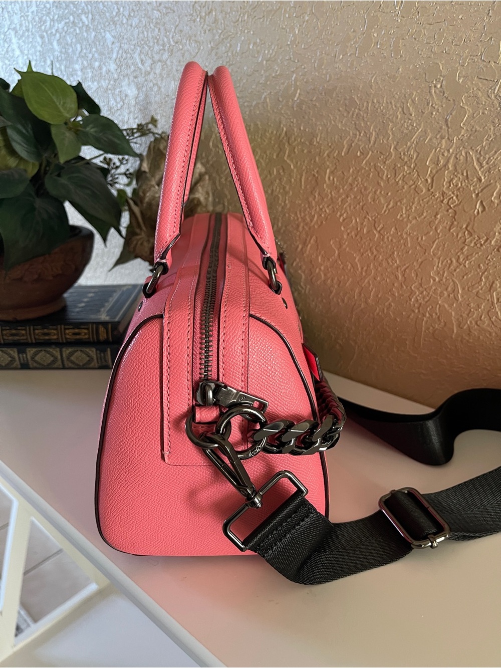 COACH Pink Saffiano Leather Satchel with Chain Detail - Picture 3 of 10